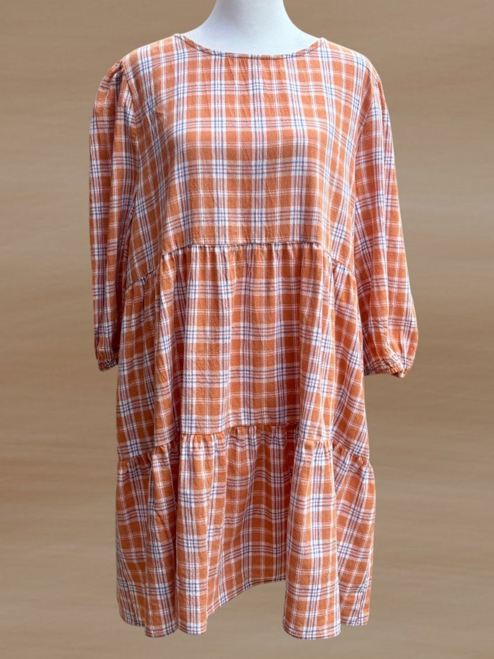 Easel Plaid Babydoll Mini Dress Relaxed Fit Tiered Pockets Cotton Boho (Sz Lg)